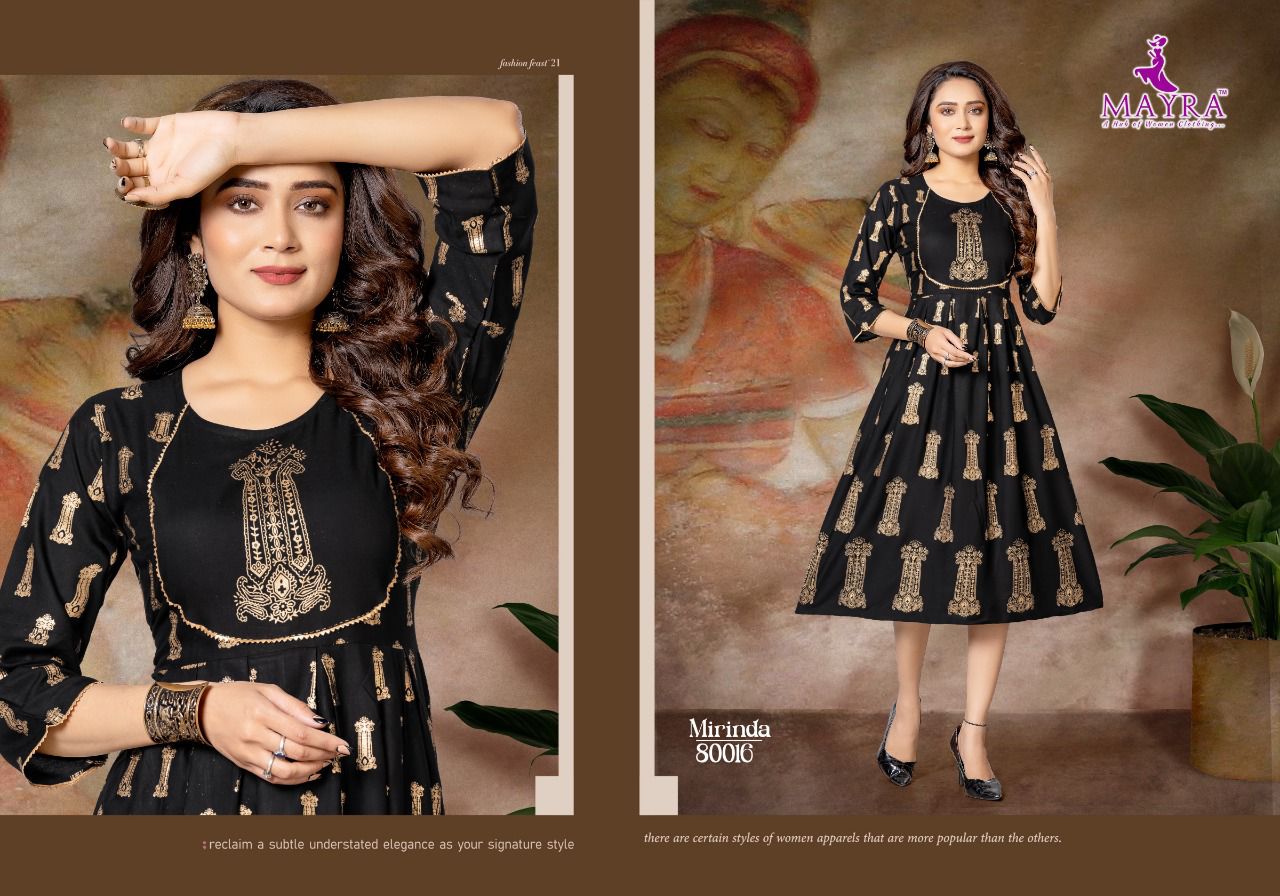 Mayra Mirinda Rayon Printed Ethnic Wear Anarakli Kurti Collection